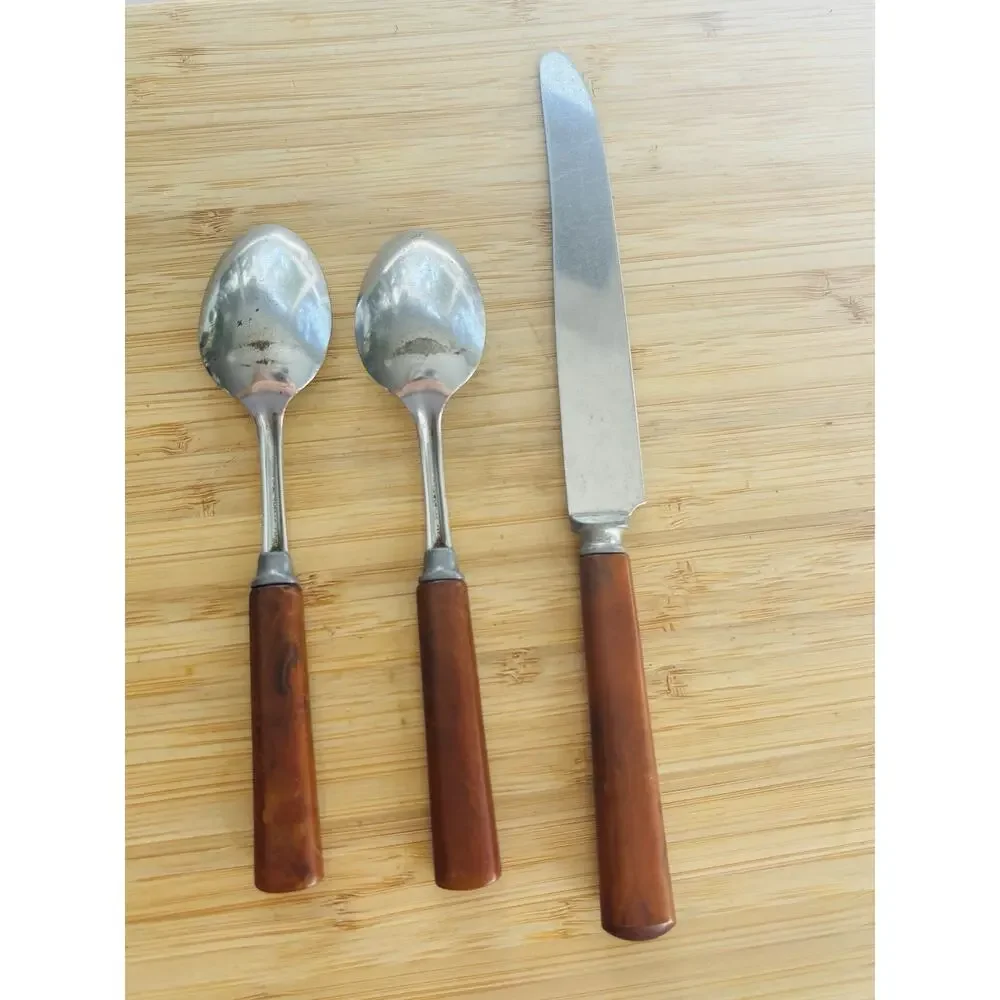 Vintage Butterscotch Amber Bakelite 2 Teaspoons & Knife 3 Pc Set